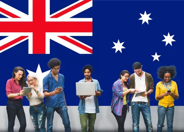 Students in front of Australian flag